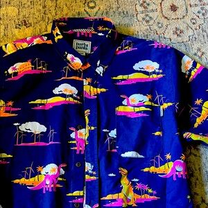 Blue and Pink Casual Button Down Shirt with Tropical Print